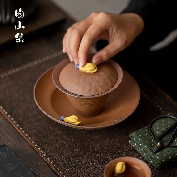 粗陶老岩泥二才盖碗创意手作佛手家用复古陶瓷泡茶碗不烫手茶具