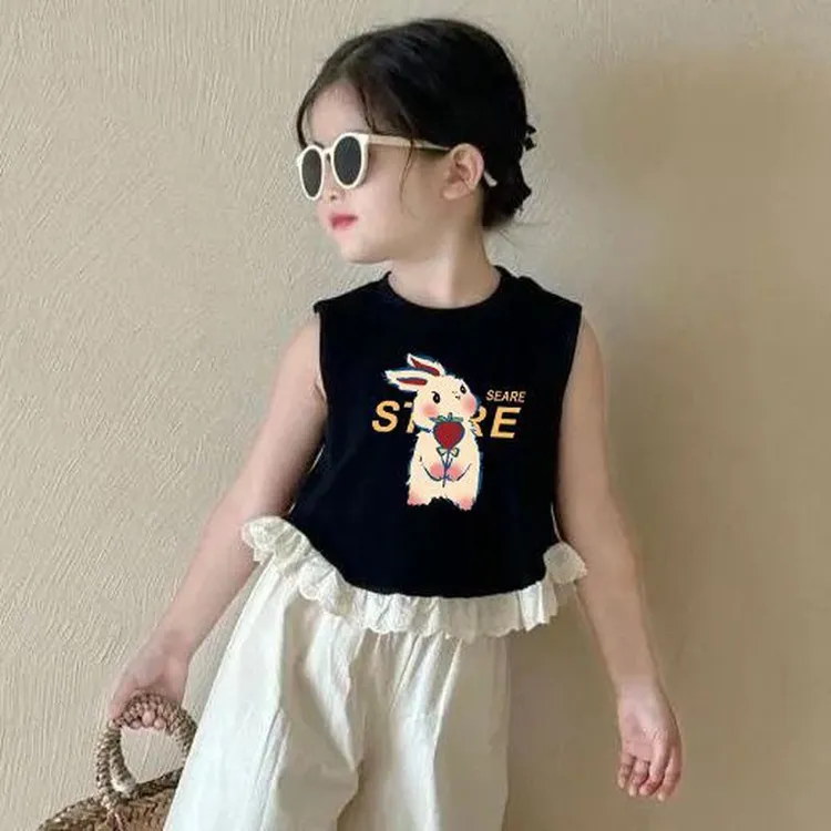 女童无袖上衣花边夏季2025新款儿童背心洋气百搭女宝宝T恤外穿潮