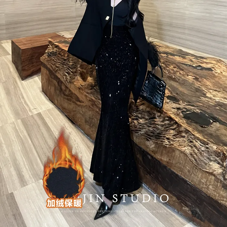 MD进进原创【闪光旅程】2025秋冬加绒鱼尾裙法式高级显瘦亮片半身裙