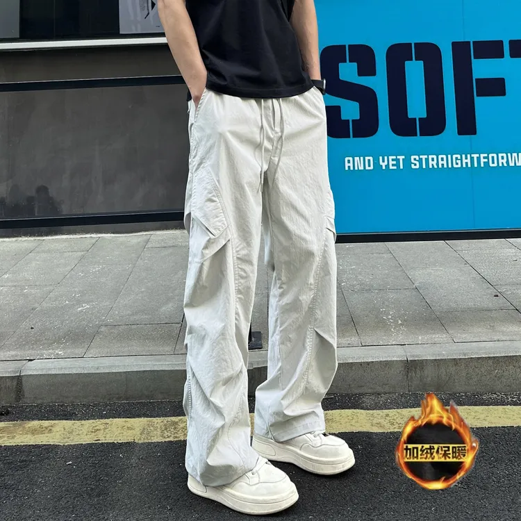 QUALCOMM秋冬新款皱感加绒休闲裤男女款潮流美式户外直筒工装裤子