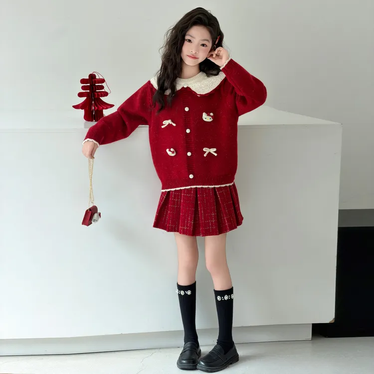 女童毛衣裙子套装秋冬装2025新款洋气半身裙儿童女孩圣诞新年衣服