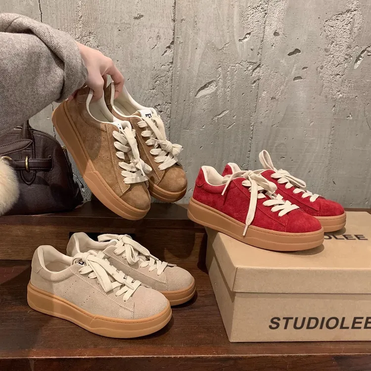 现货头层牛皮复古系带休闲百搭低帮增高厚底百搭德训鞋板鞋女春秋