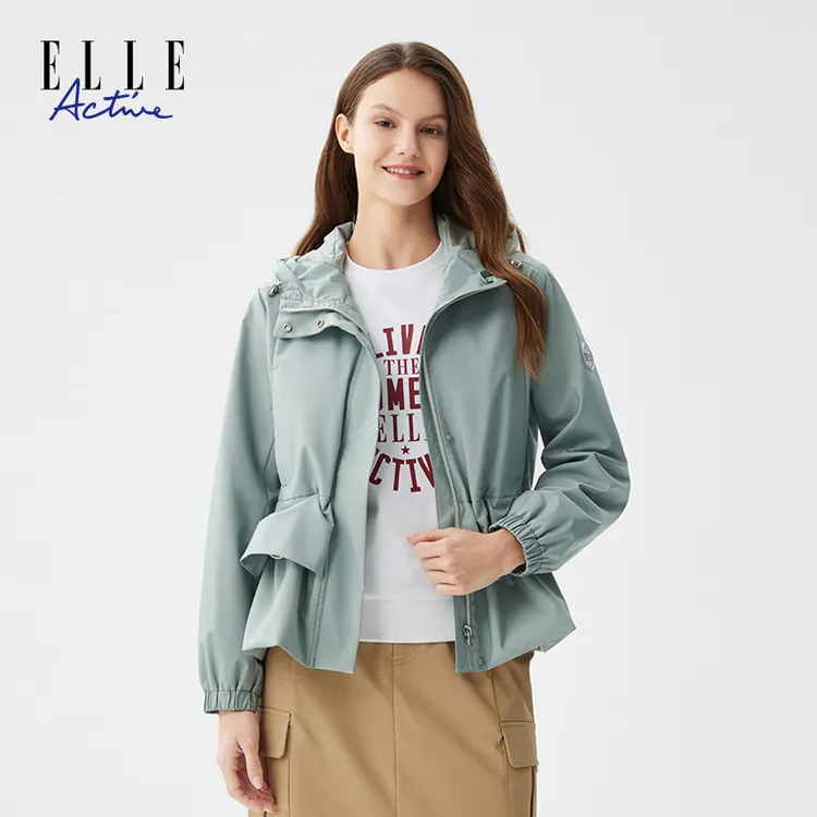 ELLE Active新款荷叶摆收腰连帽风衣女户外运动休闲工装防风外套