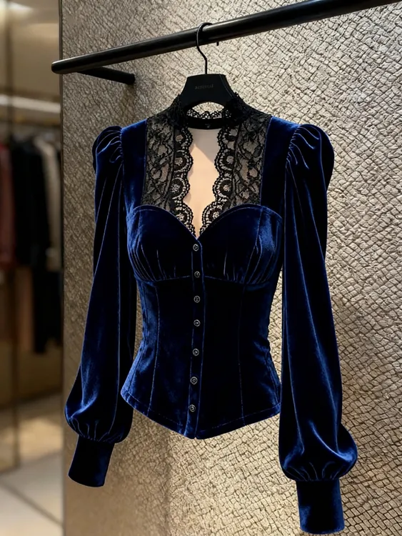法式蕾丝拼接丝绒泡泡袖衬衫女秋冬收腰设计感小众高级感气质上衣