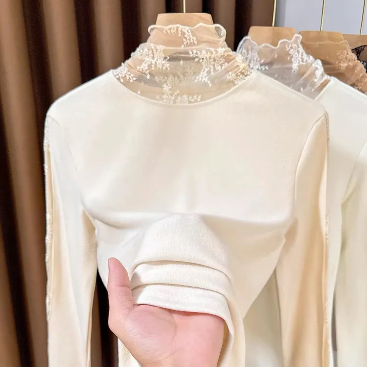 秋冬黑色高领加厚磨毛蕾丝打底衫女保暖内搭洋气