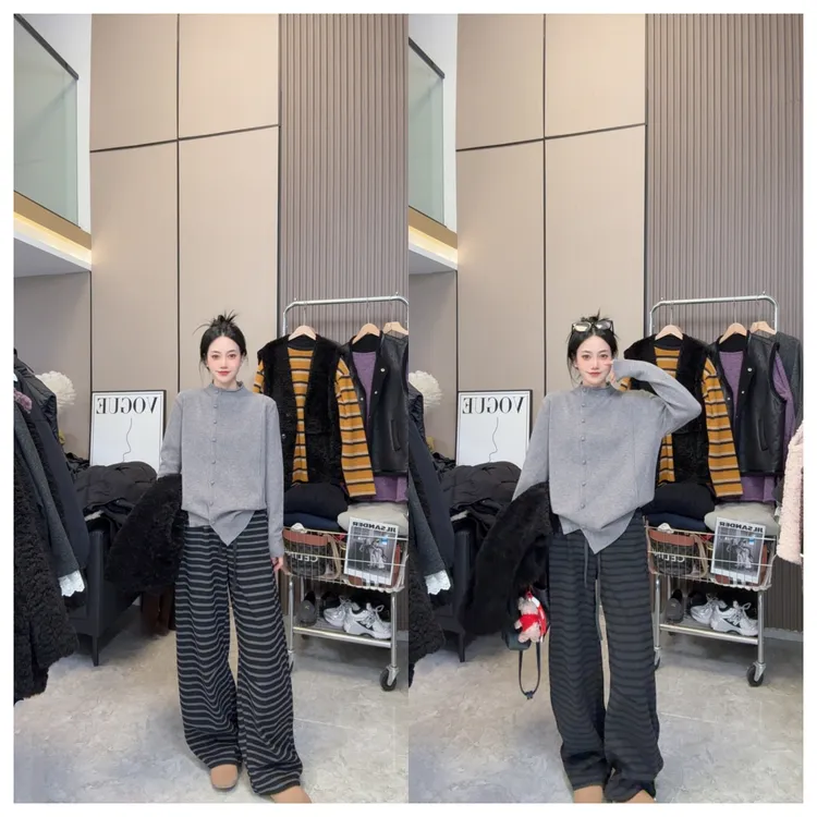 【撞色条纹】加绒加厚~秋冬上新时尚休闲松紧腰弯刀裤阔腿休闲裤