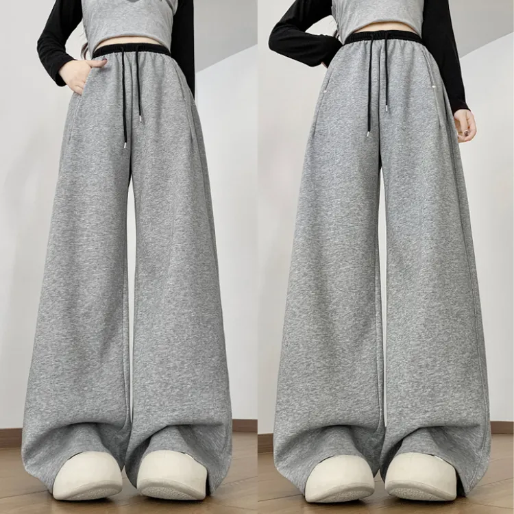 美式抽绳阔腿休闲裤女秋冬季卫裤显瘦宽松撞色腰钉扣直筒长裤子