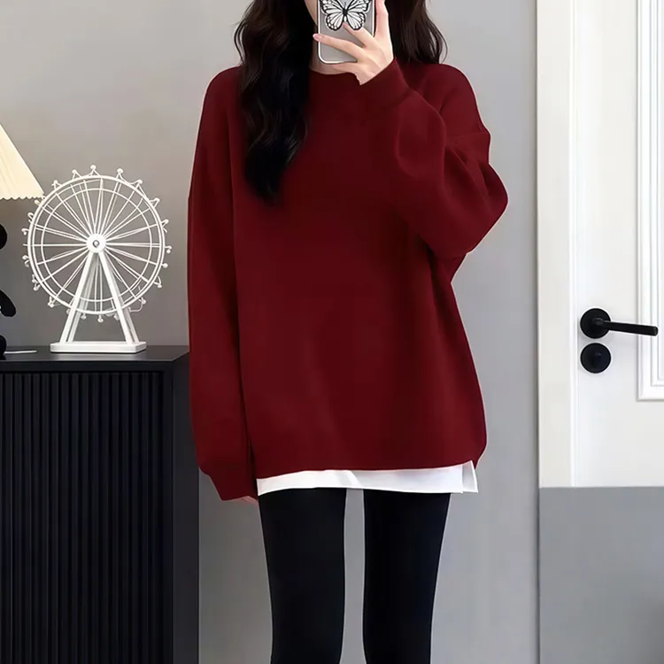 7181加绒加厚圆领套头假两件卫衣女2025秋冬季新款爆款上衣