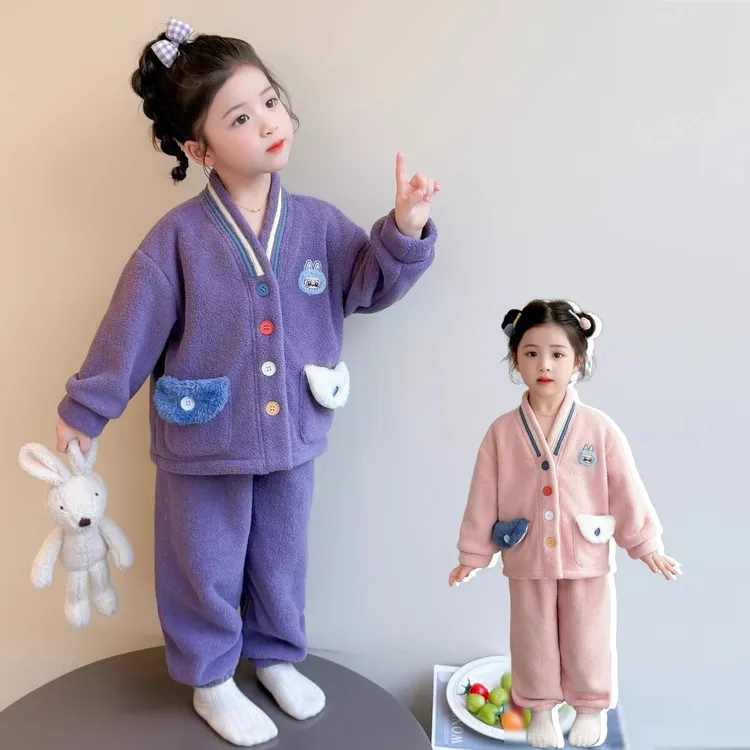女童睡衣雪粒绒冬季2025新款女孩宝宝珊瑚绒秋衣裤儿童家居服套装