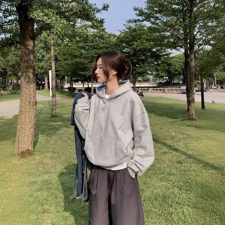 灰色重磅400g卫衣美式高街连帽基础款纯色短款叠穿内搭套头上衣女