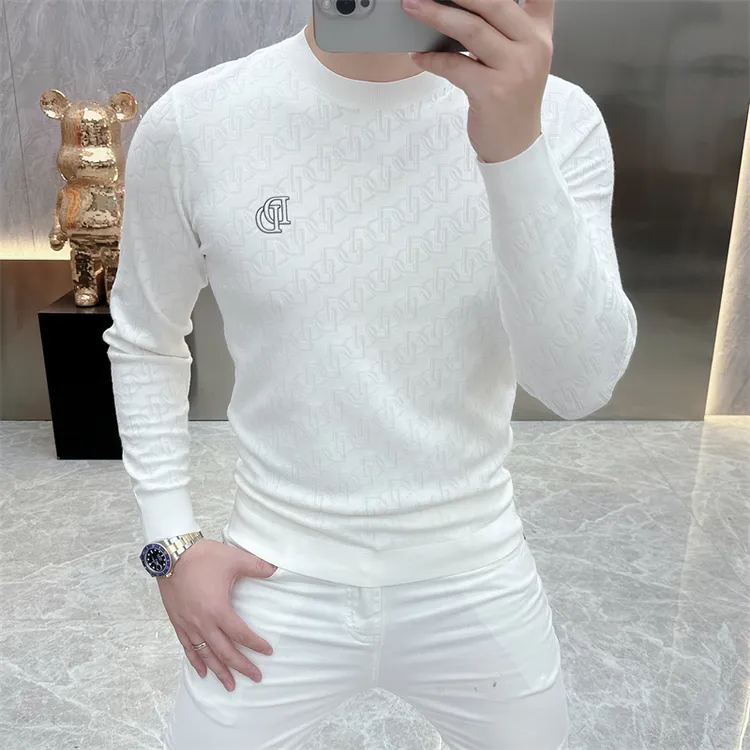 2025早秋针织衫男轻奢新品时尚圆领印花毛衣修身长袖打底衫潮5087