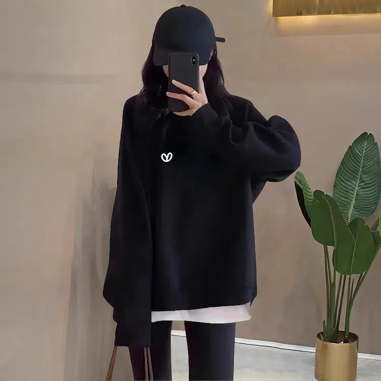 假两件圆领卫衣女2025秋冬新款宽松中长款遮屁股加绒加厚拼接上衣