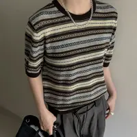 韩系超细羊毛秋季新款圆领短袖条纹撞色针织衫女宽松百搭上衣4938