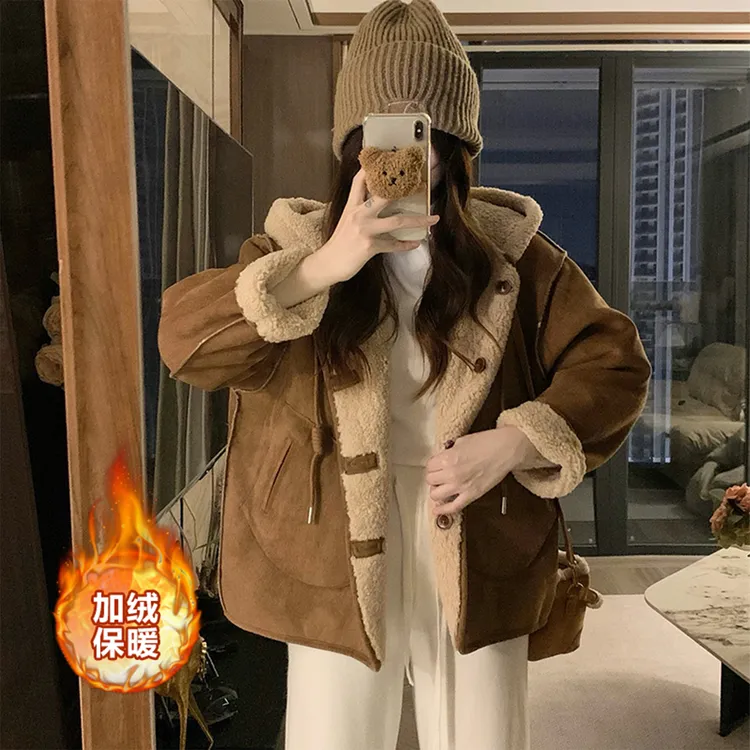 巨好看两面穿连帽外套女2025冬季新款加绒加厚初高中学生保暖棉服