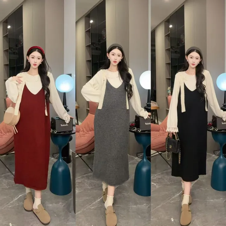 孕妇秋冬连衣裙宽松时尚显瘦2024新款气质洋气红色背心裙套装针孕