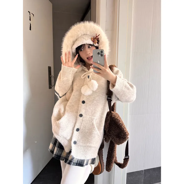 CKKOR保暖加厚时尚开衫针织衫秋冬慵懒感毛领连帽设计感毛衣外套