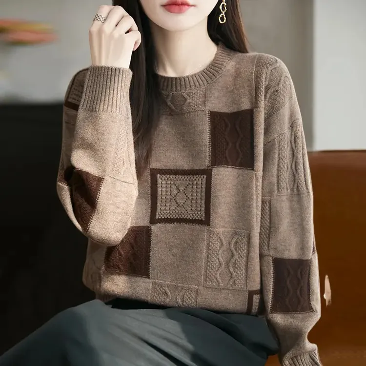 新款加厚格子拼色毛衣女宽松显瘦秋冬长袖针织衫洋气百搭打底衫C6