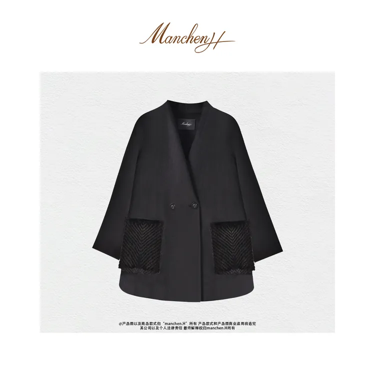 manchenh"幻影时空"重磅13.8um小山羊绒拼手工雕雕口袋气质大衣
