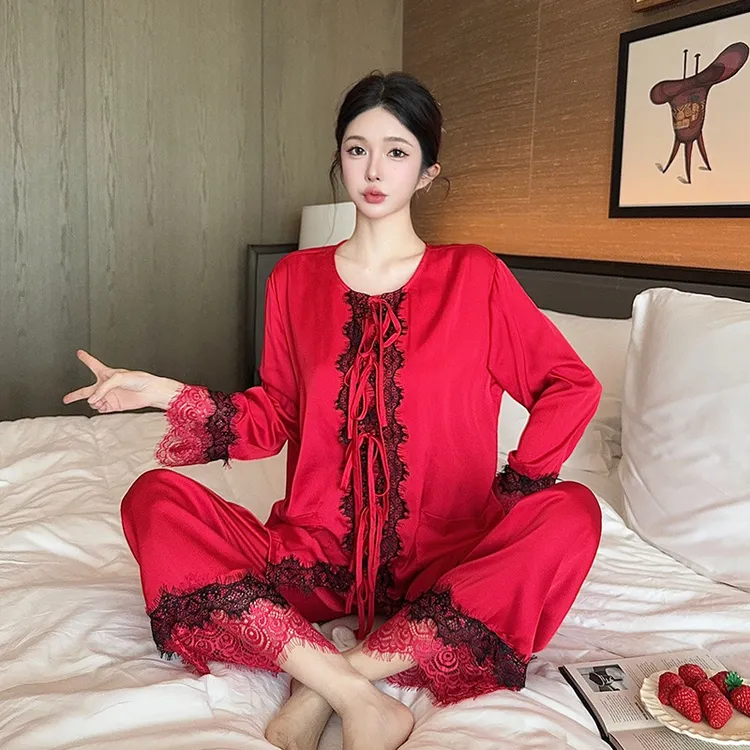 2025年新款本命年冰丝睡衣长袖套装中式国风家居服春秋薄款可外穿
