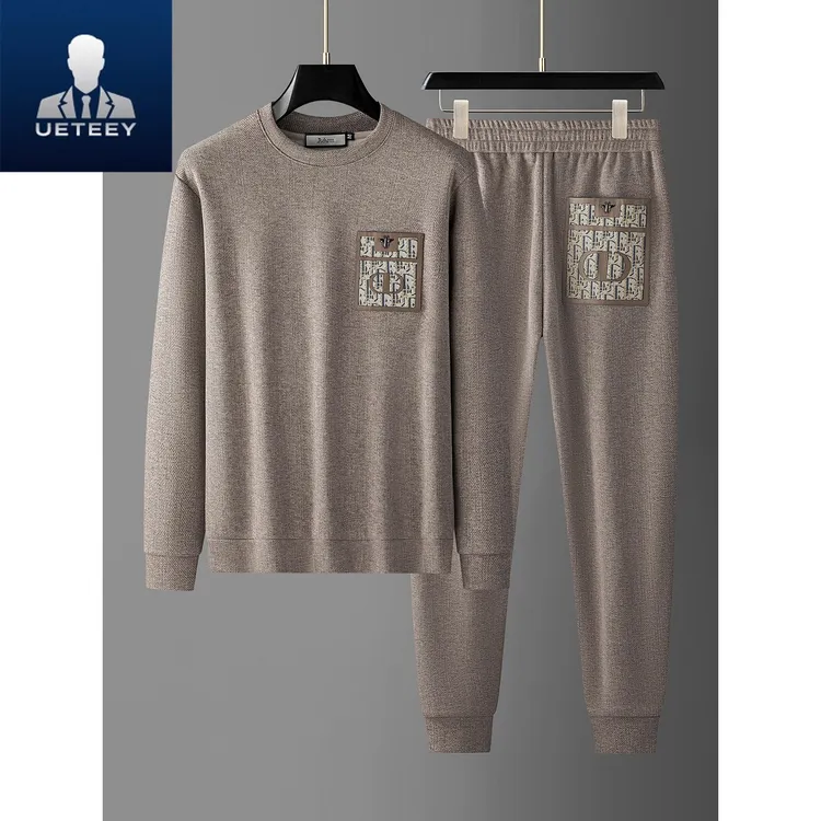 秋冬轻奢加厚保暖醋酸羊毛呢两件套男士撞色长袖卫衣休闲运动套装