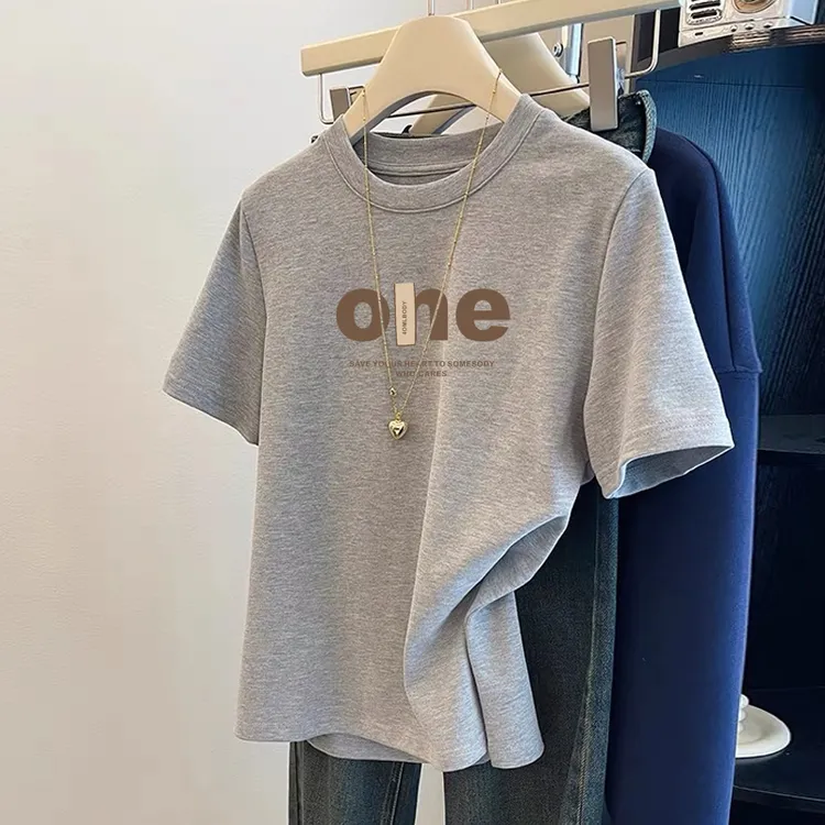磨毛正肩纯棉短袖t恤女时尚百搭加厚款灰色上衣打底衫春夏秋冬季