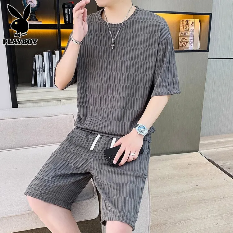 花花公子夏季休闲套装男士短袖t恤潮牌搭配帅气冰丝运动短裤一套