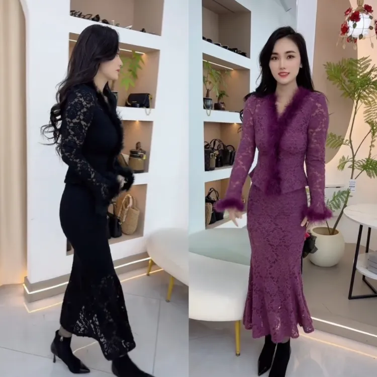 法式名媛气质秋冬收腰V领加厚蕾丝上衣高腰鱼尾半裙套装女气质