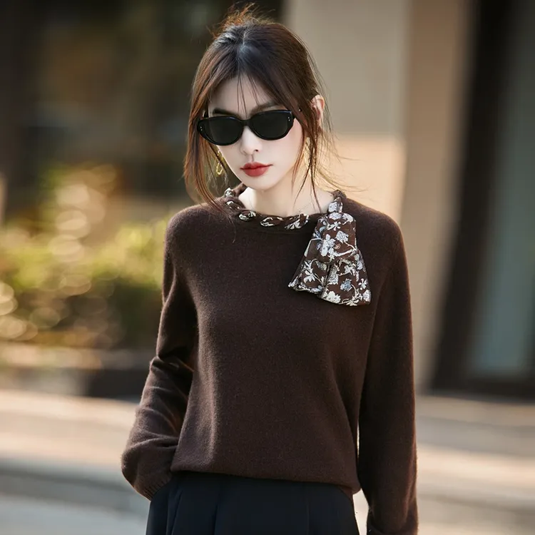 欧洲站2025秋季新款圆领花色丝带羊毛衫女宽松套头长袖针织毛衣爆