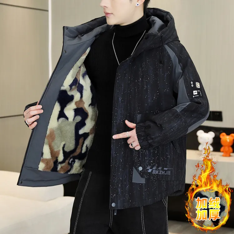 加绒加厚冬季棉衣男休闲宽松时尚青少年学生潮流冬装男士保暖外套