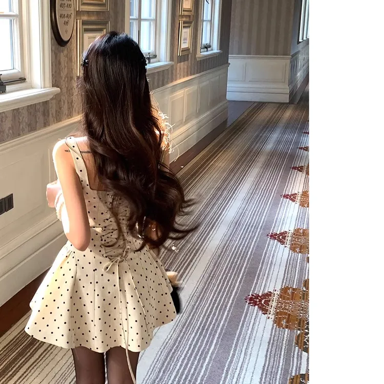 春季新款定制波点植绒面料法式甜美掐腰绑带连衣裙女