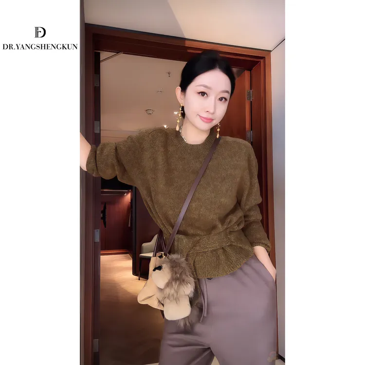 杨圣坤2025新品100%绵羊毛复古花纱收腰系带长袖针织衫S82592235