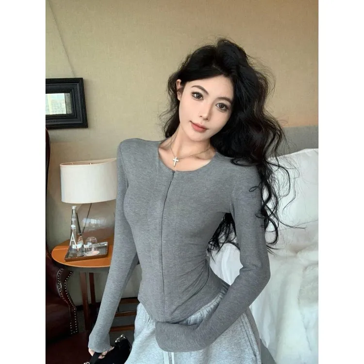 辣妹风长袖显瘦修身磨毛薄绒短款t恤隐形拉链打底衫开衫上衣