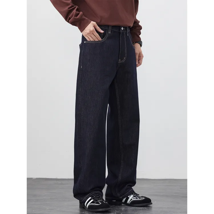 Kuvine2025秋季辑明线微喇阔腿潮牌宽松直筒做旧复古水洗牛仔裤男