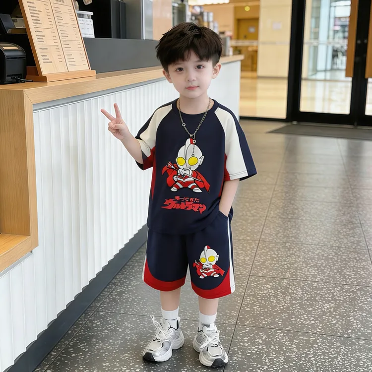 儿童奥特曼夏装2026新款男孩亮灯卡通短袖两件套夏季休闲帅气衣服