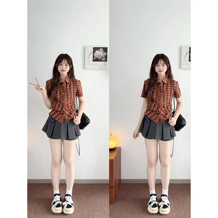 夏日复古超好看多巴胺格纹衬衫女新款美式小众显瘦百褶短裙子套装
