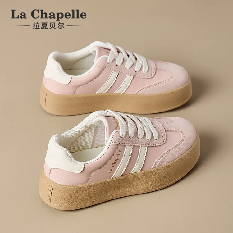 拉夏贝尔粉色德训鞋女2025秋冬新款百搭平底小白鞋时尚软底运动鞋
