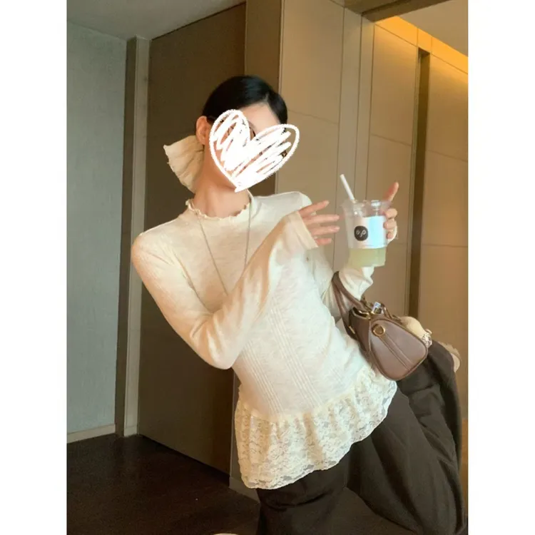 Y5395 杏色内搭打底衫t恤女秋冬2025蕾丝花边修身长袖上衣