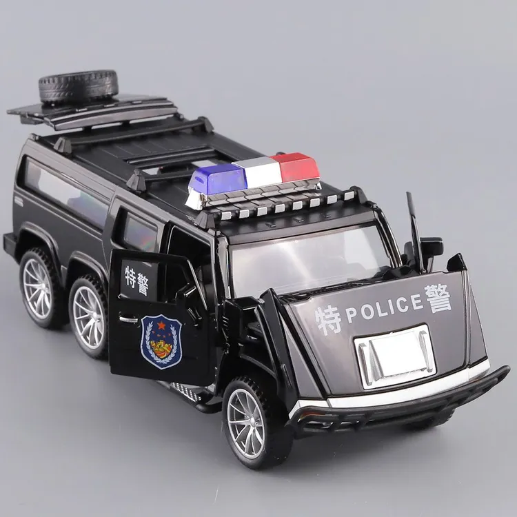 合金悍马警车模型回力玩具车语音声光越野车5开门仿真装甲车