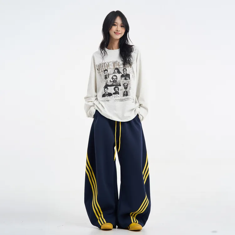 300斤大码女装韩版阔腿学院风弯刀运动裤胖mm显瘦高腰宽松休闲裤