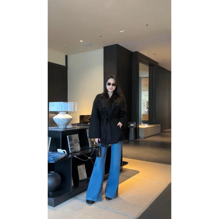 DAQING/秋冬加绒四面弹中高腰显腿长微喇牛仔裤阔腿裤女筒喇裤