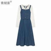 青倾家【海港日出】春季蓝色拼接牛仔假两件时尚吊带收腰显瘦长裙子