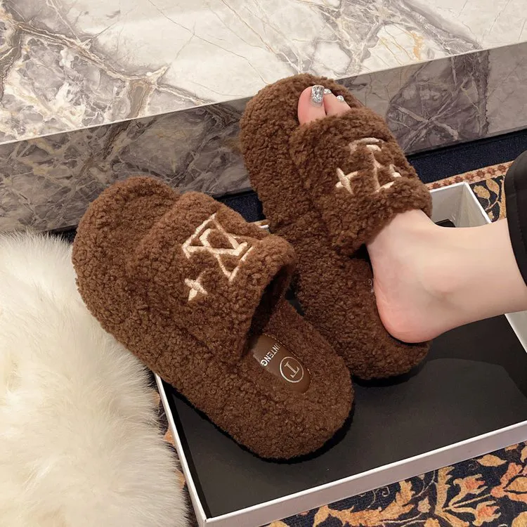 7厘米厚底毛毛拖鞋女外穿2025新款秋冬季字母高跟棉拖一字毛毛鞋