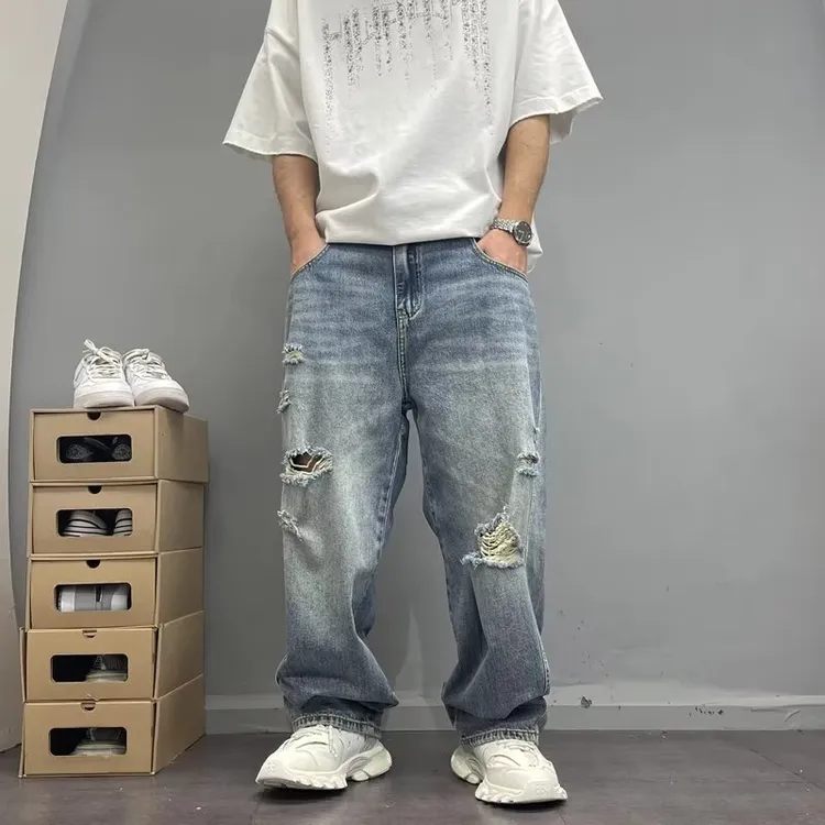 夏季高街日系新款牛仔裤男直筒宽松阔腿垂感美式复古潮牌休闲潮流