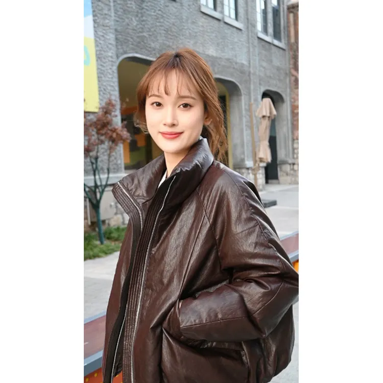 【鹅绒】短款油蜡皮羽绒服冬季新款女款棕色咖色宽松防风外套