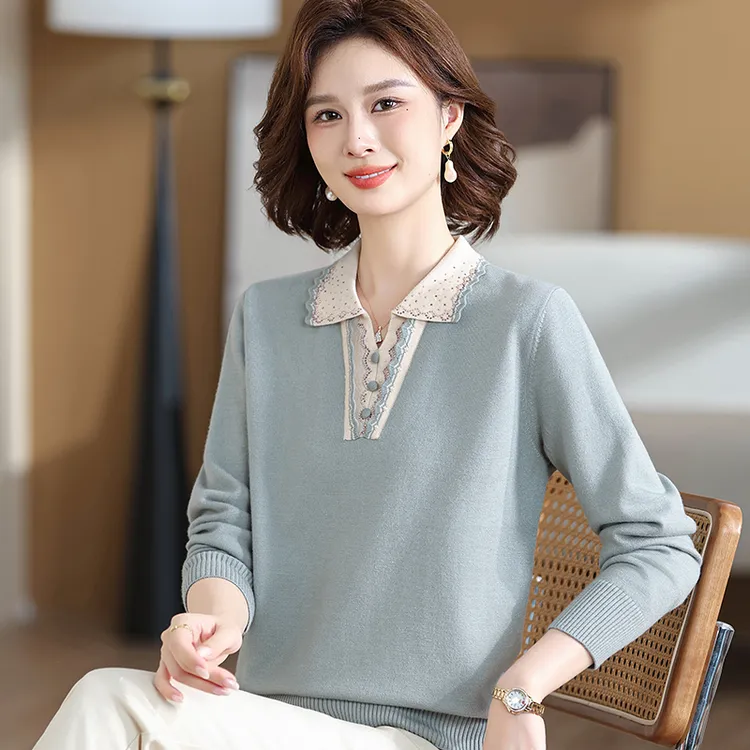 妈妈款秋装翻领上衣中年女长袖T恤50岁60中老年人春秋针织打底衫