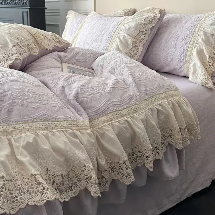 秋冬法式轻奢复古浪漫花边雕花牛奶绒公主风四件套加厚保暖被套