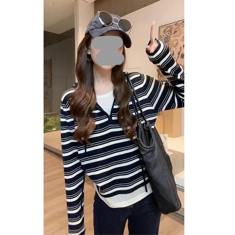 韩系穿搭假两件连帽条纹长袖T恤女秋季设计感内搭打底针织衫上衣