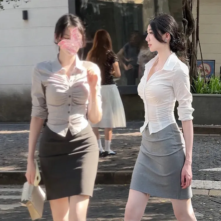 【韩女秘书】简约单排扣褶皱修身显瘦温柔掐腰长袖衬衫女 6703#