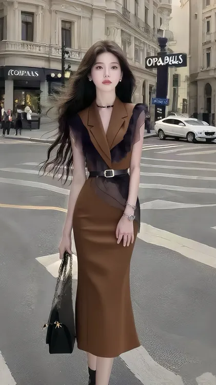 夏季新款别致设计感棕色V领收腰系带连衣裙女气质显瘦氛围感长裙