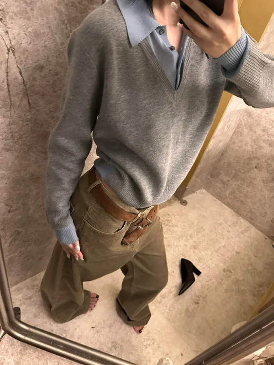网红洋气炸街女装秋季新款时尚气质韩版翻领针织长袖上衣高腰裤子